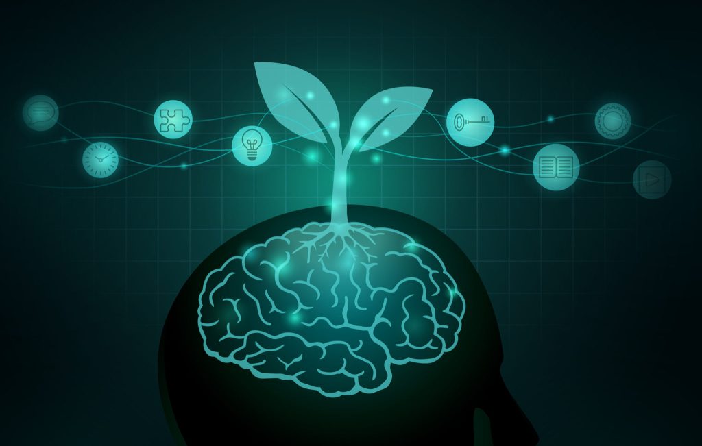 Tree growing out of human brain. Silhouette illustration about Growth Mindset and good Attitude